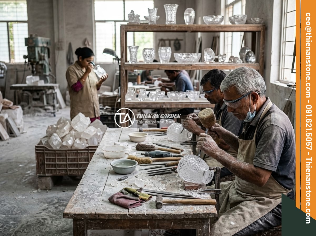Lục Bình Đá Thạch Anh Hợp Mệnh Thủy Mộc: Cách Đặt & Lợi Ích Phong Thủy Thực Tế - A professional stone crafting workshop showing artisans hand-carving quartz crys