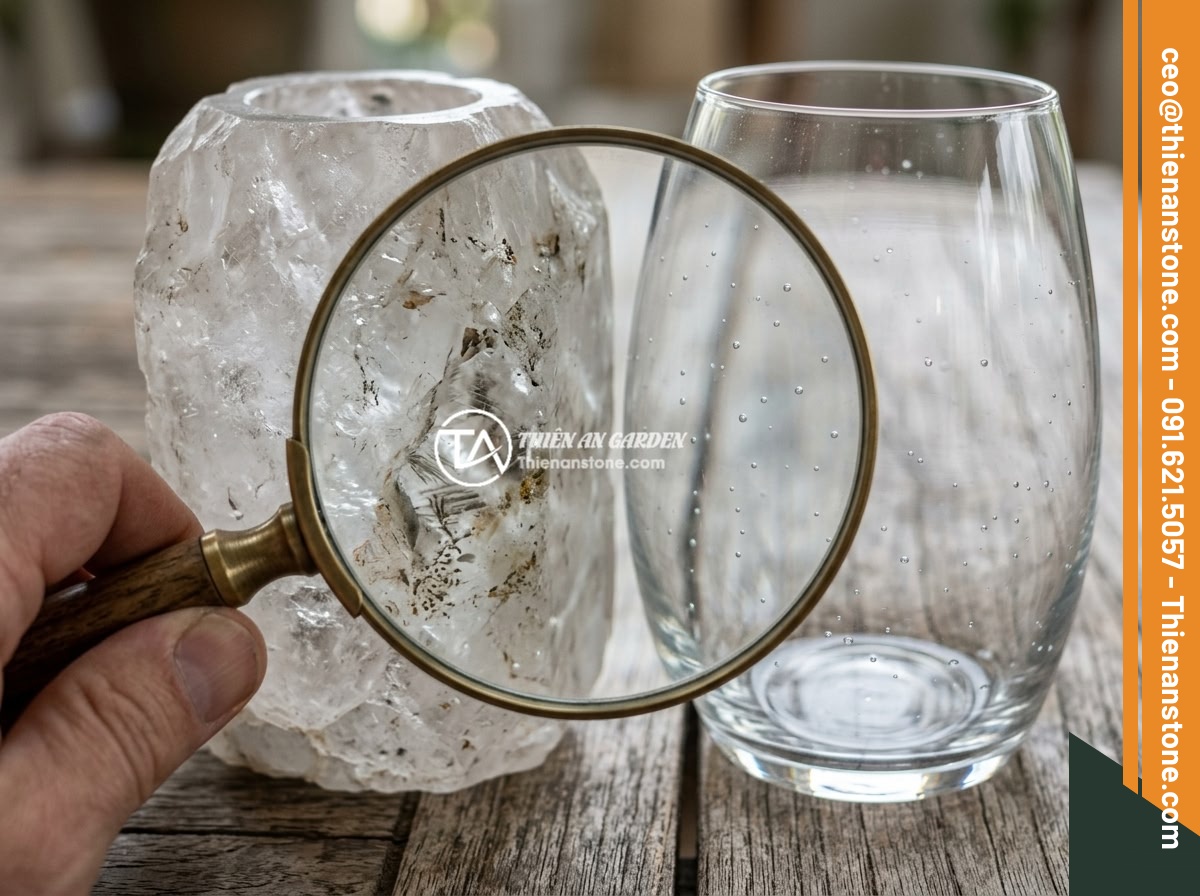 Lục Bình Đá Thạch Anh Hợp Mệnh Thủy Mộc: Cách Đặt & Lợi Ích Phong Thủy Thực Tế - Close-up comparison of genuine natural quartz crystal vase versus fake glass imi