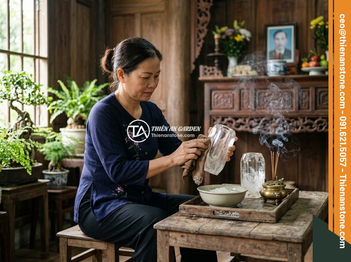 Lục Bình Đá Thạch Anh Hợp Mệnh Thủy Mộc: Cách Đặt & Lợi Ích Phong Thủy Thực Tế - A Vietnamese woman performing a cleansing ritual on a pair of crystal quartz vas
