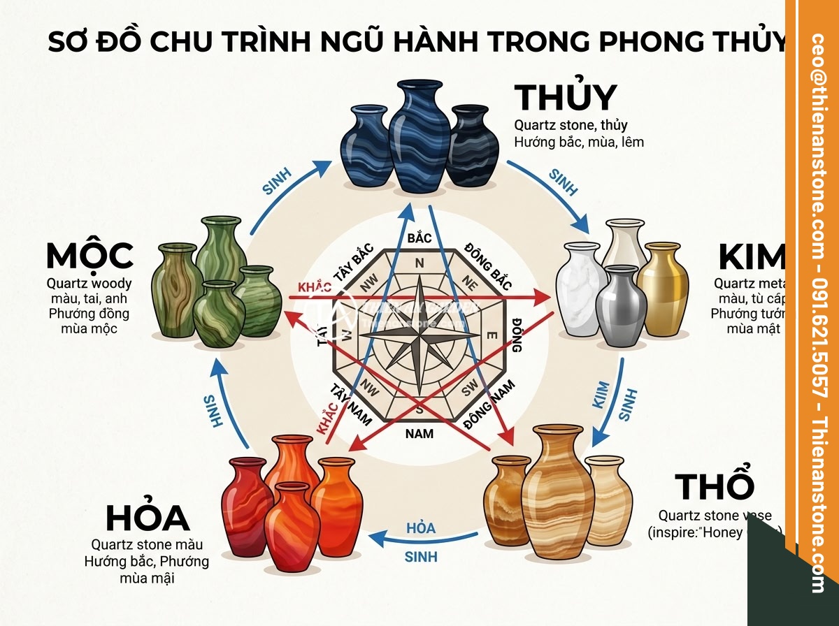 Lục Bình Đá Thạch Anh Là Gì? Đặc Trưng, Hợp Phong Thủy Mệnh Nào & Giá Bán 2026 - Hình 5 Lục Bình Đá Thạch Anh Là Gì? Đặc Trưng, Hợp Phong Thủy Mệnh Nào & Giá Bán 2026 - Feng shui diagram showing the five elements cycle (Kim, Moc, Thuy, Hoa, Tho) wit