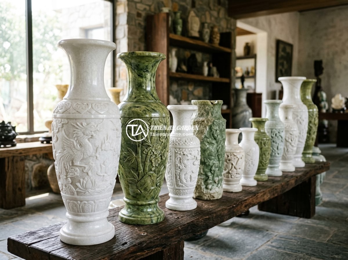Lục Bình Đá Trắng Và Lục Bình Đá Xanh – Tính Thẩm Mỹ Cao, Phù Hợp Không Gian Nào? - A collection of traditional Vietnamese stone vases (luc binh da) in different st