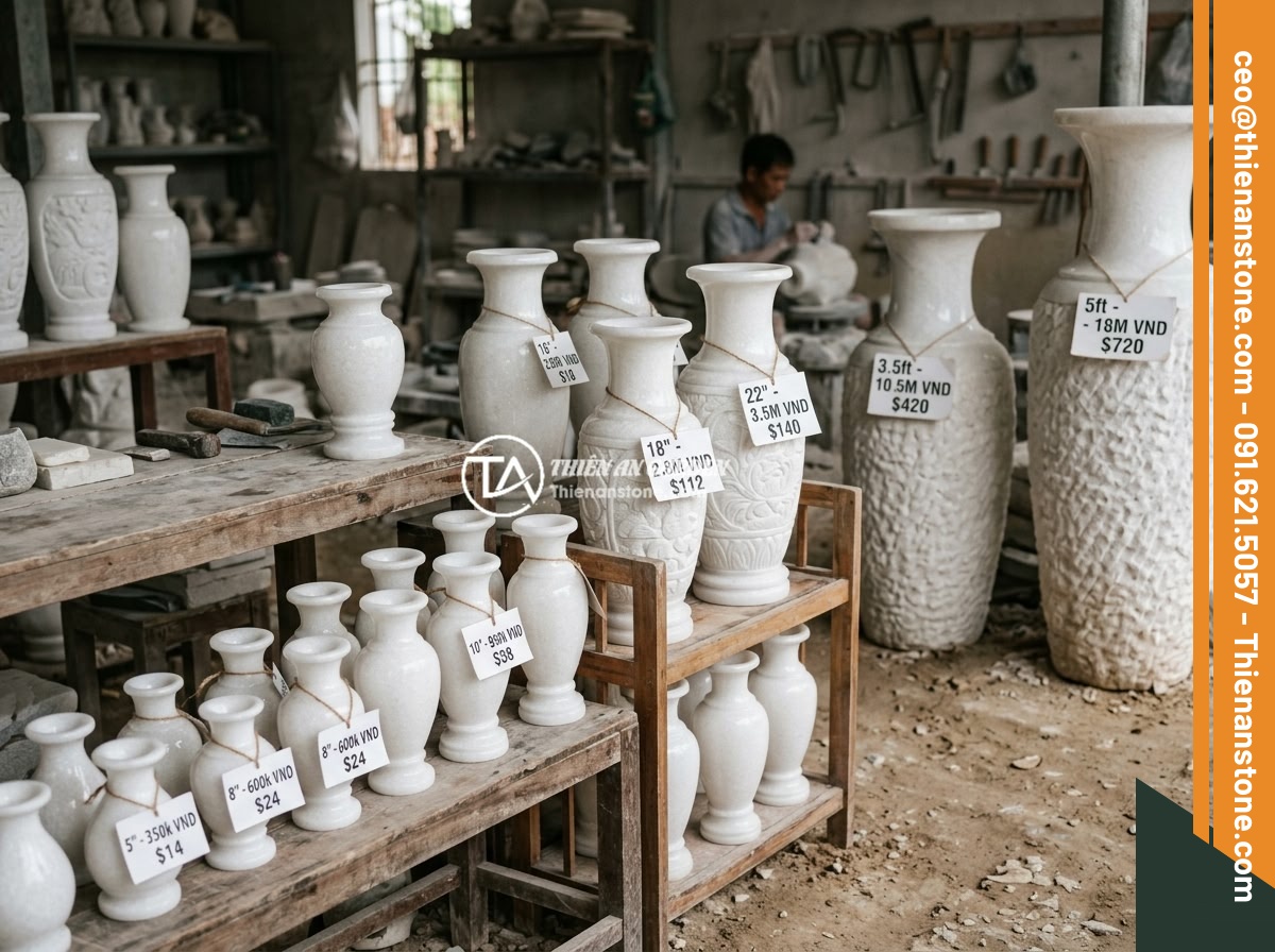 Lục Bình Đá Trắng Và Lục Bình Đá Xanh – Tính Thẩm Mỹ Cao, Phù Hợp Không Gian Nào? - A display of various sized stone vases in a Vietnamese stone craft workshop, sho