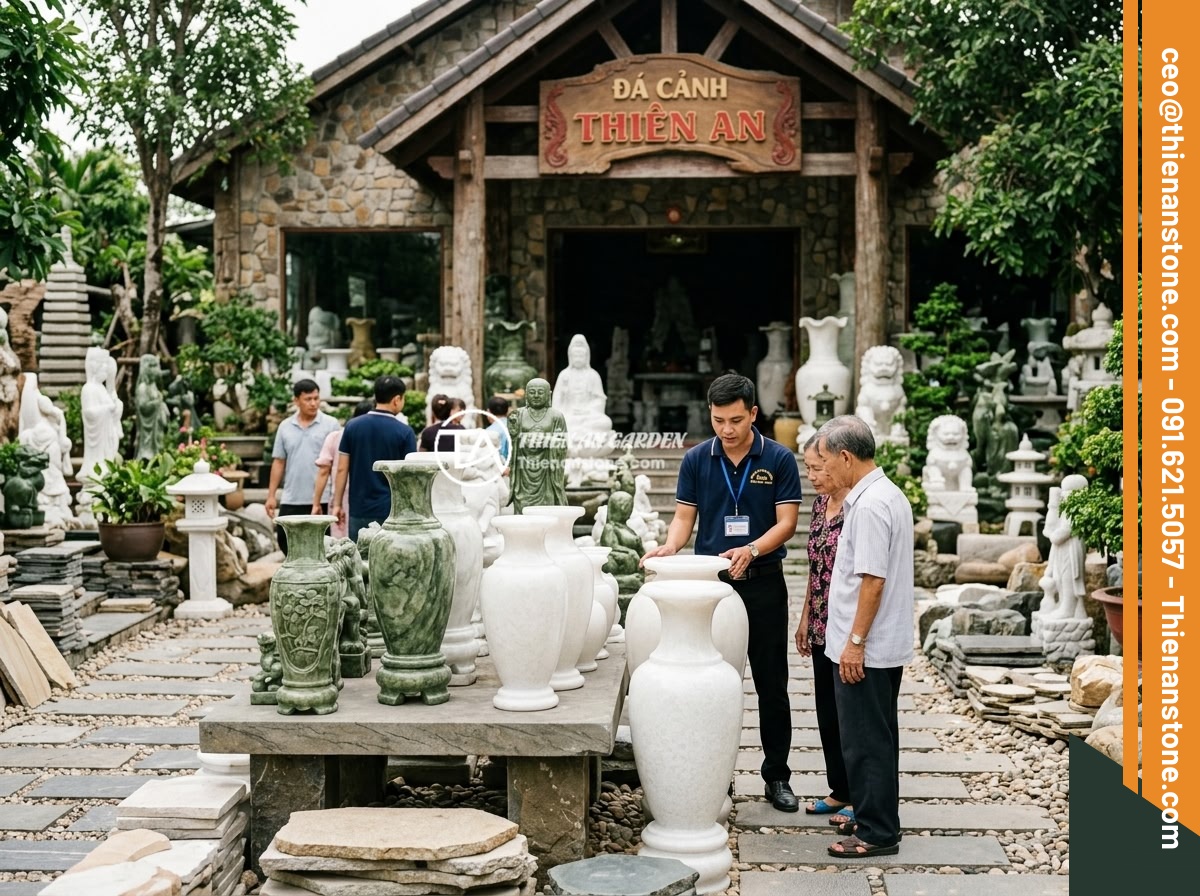 Lục Bình Đá Trắng Và Lục Bình Đá Xanh – Tính Thẩm Mỹ Cao, Phù Hợp Không Gian Nào? - The exterior of Da Canh Thien An stone showroom displaying various stone product