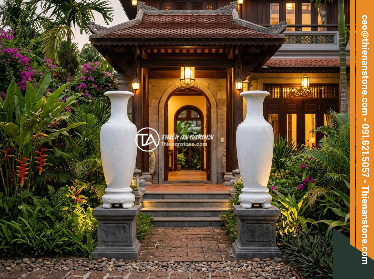 Lục Bình Đá Trắng Và Lục Bình Đá Xanh – Tính Thẩm Mỹ Cao, Phù Hợp Không Gian Nào? - A pair of elegant white marble stone vases (luc binh da trang) placed symmetrica