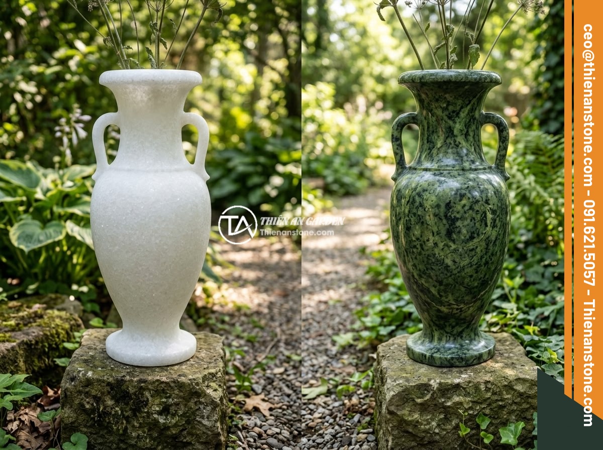 Lục Bình Đá Trắng Và Lục Bình Đá Xanh – Tính Thẩm Mỹ Cao, Phù Hợp Không Gian Nào? - Side-by-side comparison of a white marble stone vase and a green stone vase of s