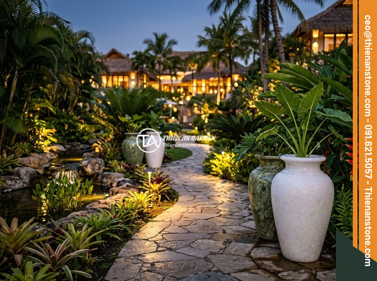 Lục Bình Đá Trắng Và Lục Bình Đá Xanh – Tính Thẩm Mỹ Cao, Phù Hợp Không Gian Nào? - A luxury resort garden landscape featuring both white and green stone vases plac