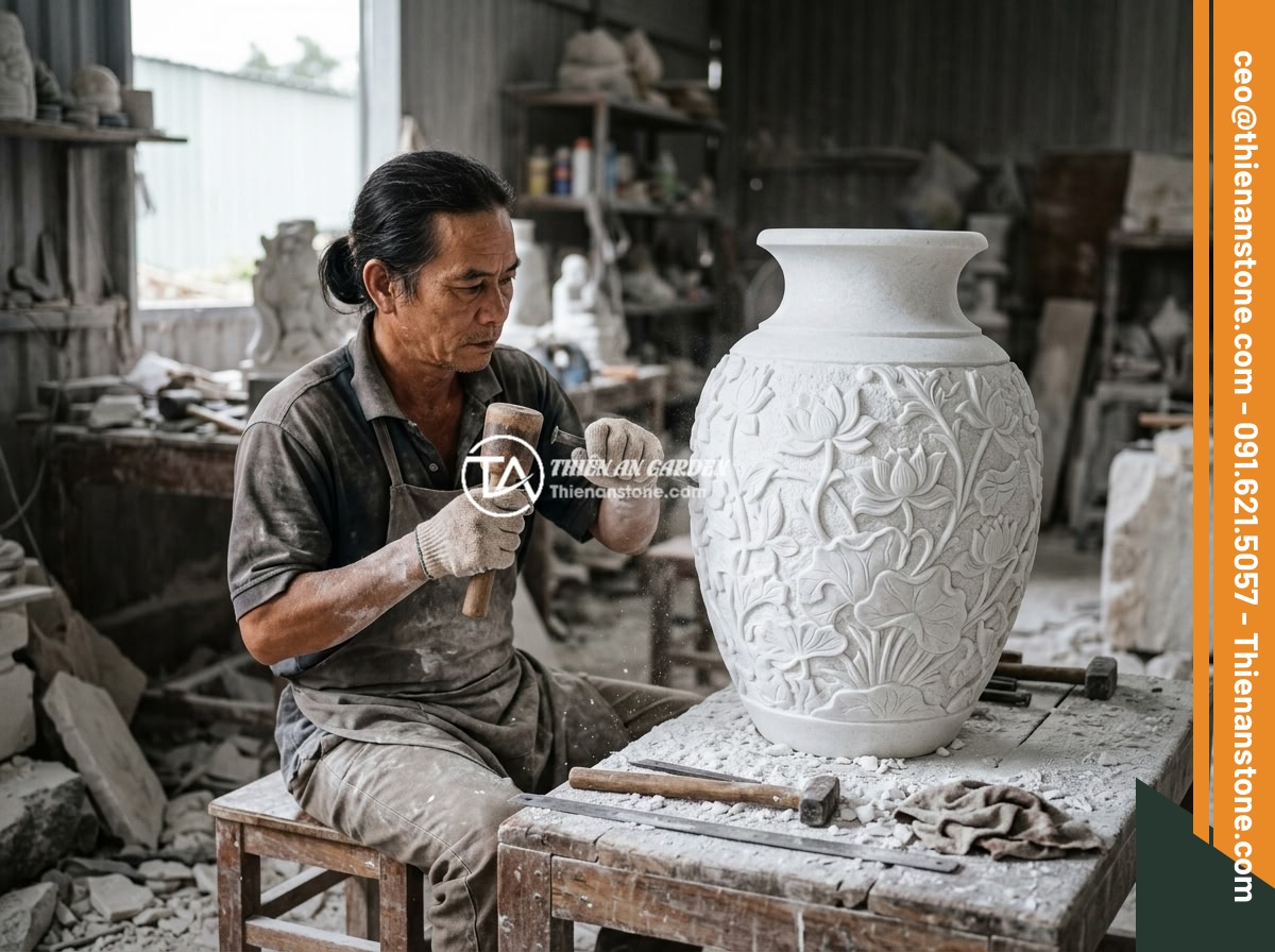 Lục Bình Đá Trắng Và Lục Bình Đá Xanh – Tính Thẩm Mỹ Cao, Phù Hợp Không Gian Nào? - A skilled Vietnamese stone artisan hand-carving intricate floral patterns on a l