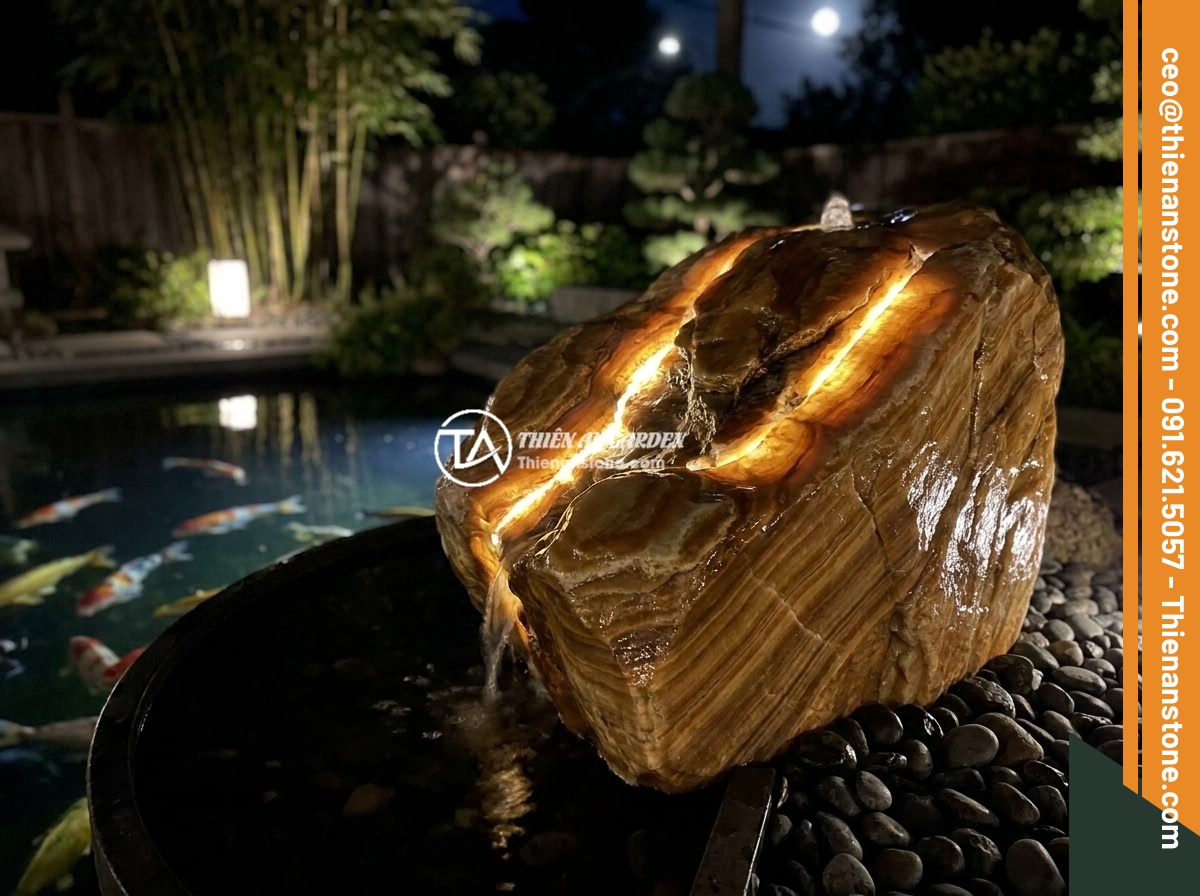 Mẫu Đài Phun Nước Bằng Đá Điêu Khắc Độc Đáo: Rồng, Cá Chép, Hoa Sen Phong Thủy - Modern minimalist stone water fountain made from a single natural boulder with w