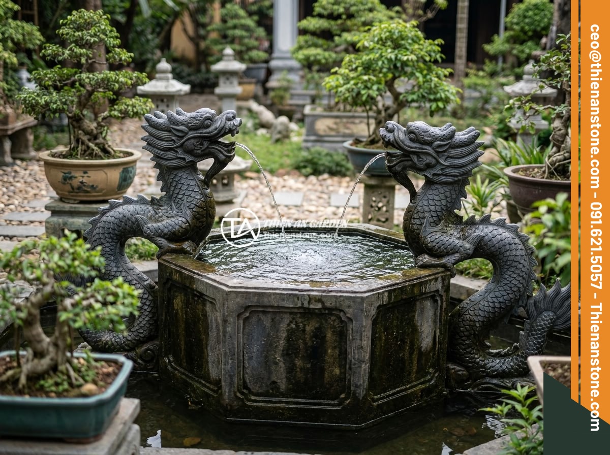 Mẫu Đài Phun Nước Bằng Đá Điêu Khắc Độc Đáo: Rồng, Cá Chép, Hoa Sen Phong Thủy - Majestic stone dragon water fountain carved from dark bluestone, featuring twin 