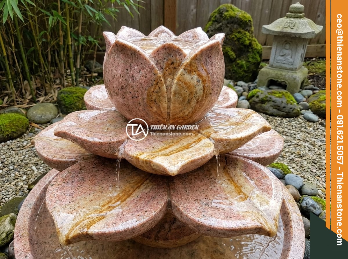 Mẫu Đài Phun Nước Bằng Đá Điêu Khắc Độc Đáo: Rồng, Cá Chép, Hoa Sen Phong Thủy - Elegant multi-tiered lotus flower stone fountain carved from pink granite, with 