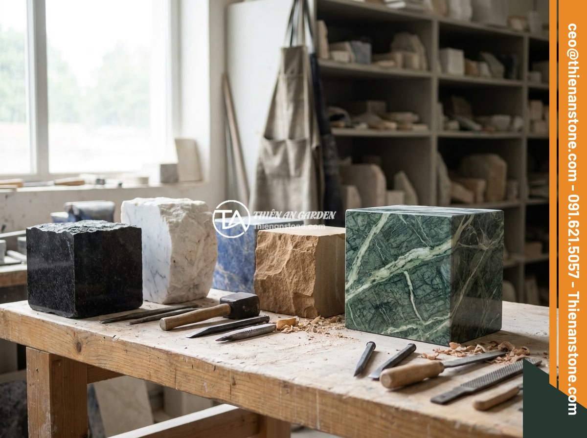 Mẫu Đài Phun Nước Bằng Đá Điêu Khắc Độc Đáo: Rồng, Cá Chép, Hoa Sen Phong Thủy - Display of different natural stone types used for fountain carving including bla