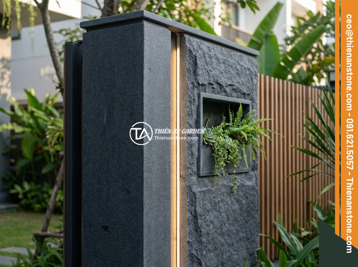 Mẫu Trụ Hàng Rào Đá Chẻ Tự Nhiên Đẹp Mắt Và Dễ Thi Công - Modern 2025 split stone fence pillar design trends including integrated LED ligh