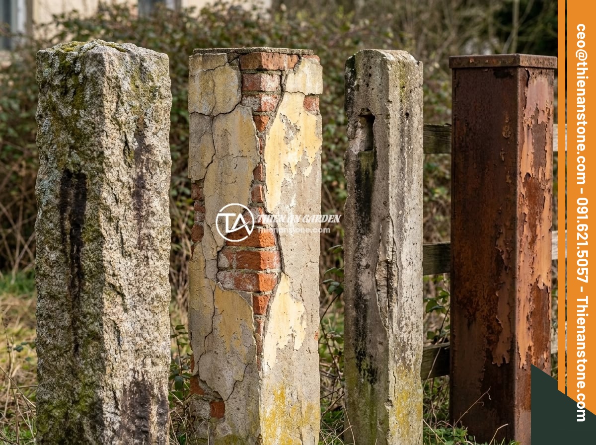 Mẫu Trụ Hàng Rào Đá Chẻ Tự Nhiên Đẹp Mắt Và Dễ Thi Công - Side by side comparison of different fence pillar types including natural split 