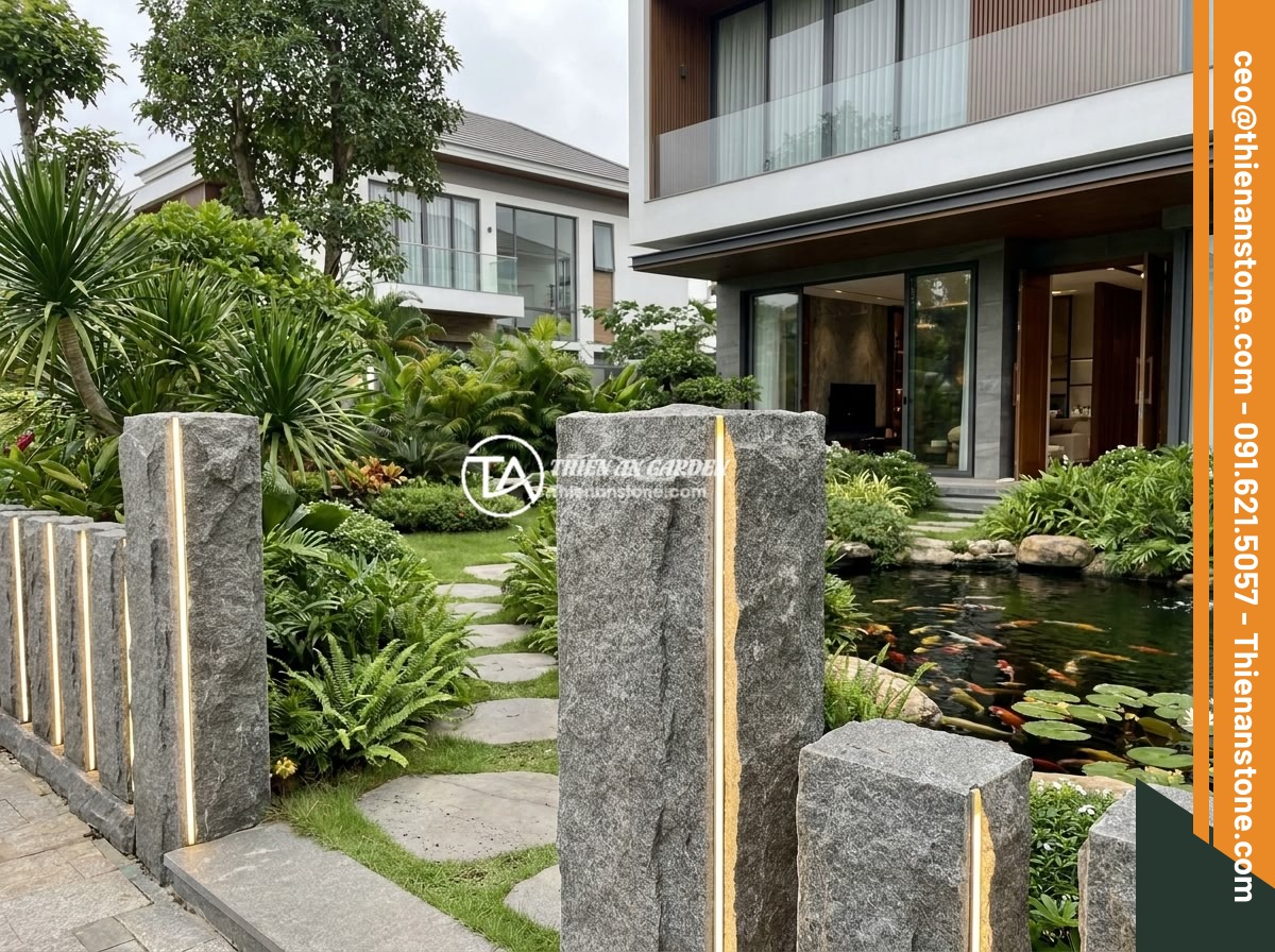 Mẫu Trụ Hàng Rào Đá Chẻ Tự Nhiên Đẹp Mắt Và Dễ Thi Công - Completed luxury villa project by Da Canh Thien An featuring beautiful natural s