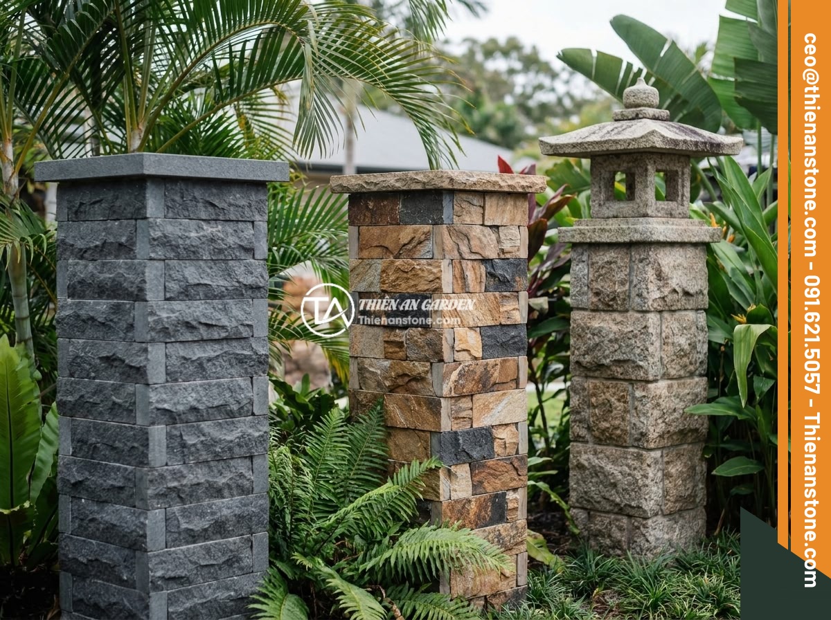 Mẫu Trụ Hàng Rào Đá Chẻ Tự Nhiên Đẹp Mắt Và Dễ Thi Công - Various modern split stone fence pillar designs including square classic, color-