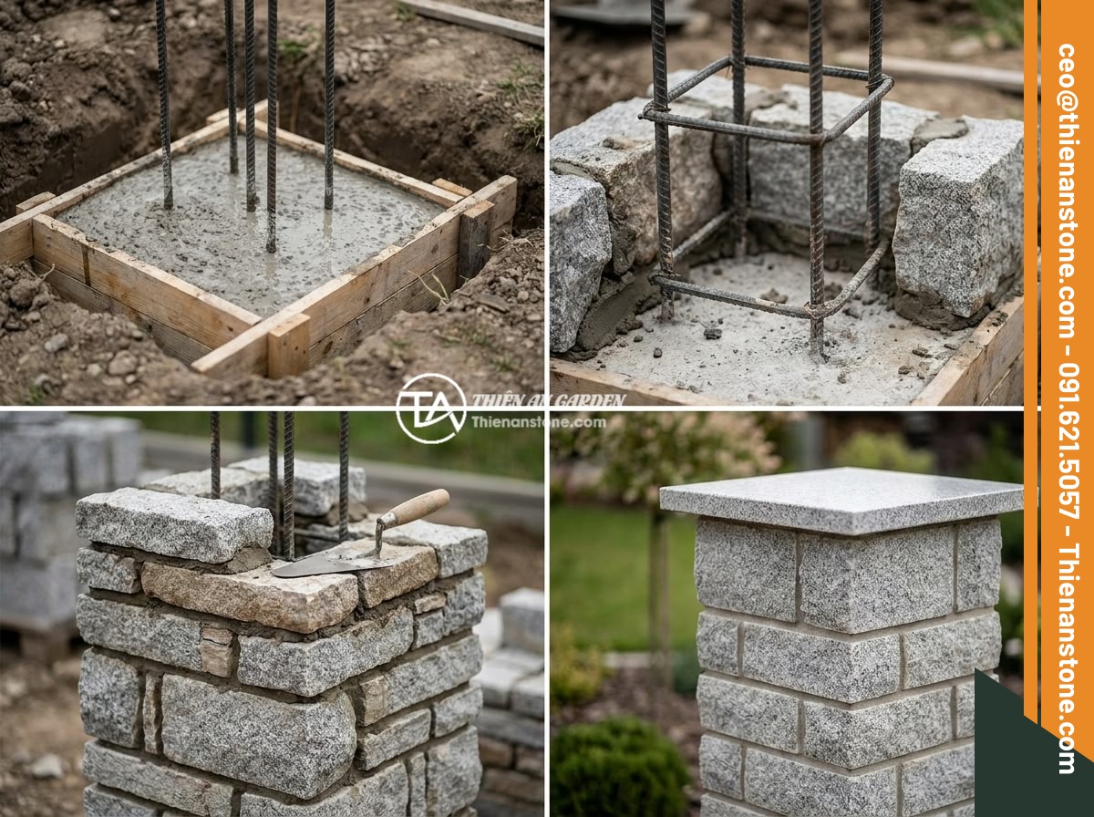 Mẫu Trụ Hàng Rào Đá Chẻ Tự Nhiên Đẹp Mắt Và Dễ Thi Công - Step-by-step construction process of a split stone fence pillar from foundation 