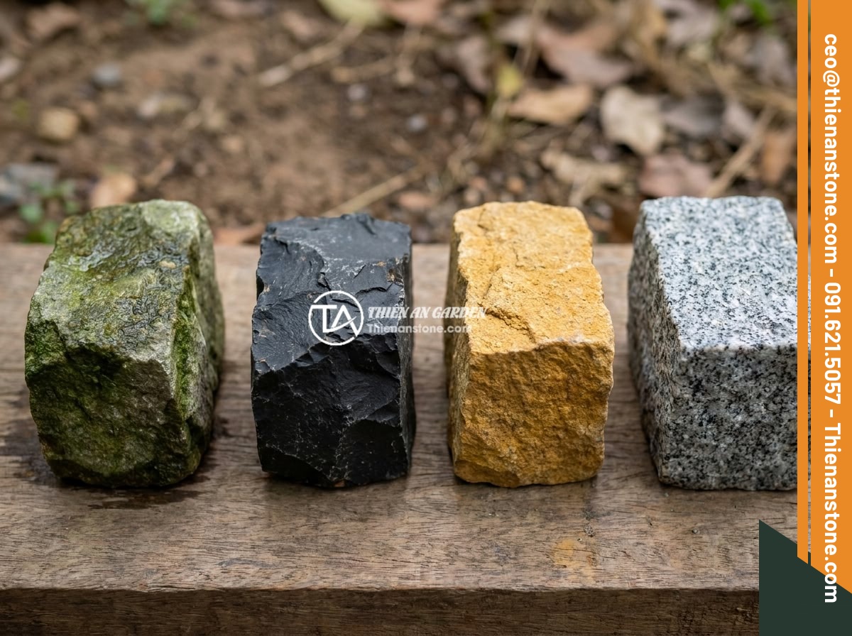Mẫu Trụ Hàng Rào Đá Chẻ Tự Nhiên Đẹp Mắt Và Dễ Thi Công - Different types of natural split stones arranged side by side for comparison inc