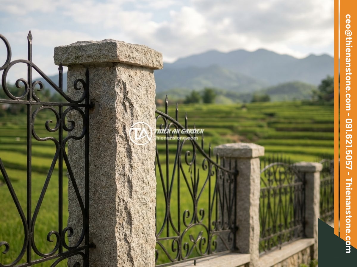 Mẫu Trụ Hàng Rào Đá Chẻ Tự Nhiên Đẹp Mắt Và Dễ Thi Công - A beautiful combination of split stone fence pillars with wrought iron decorativ