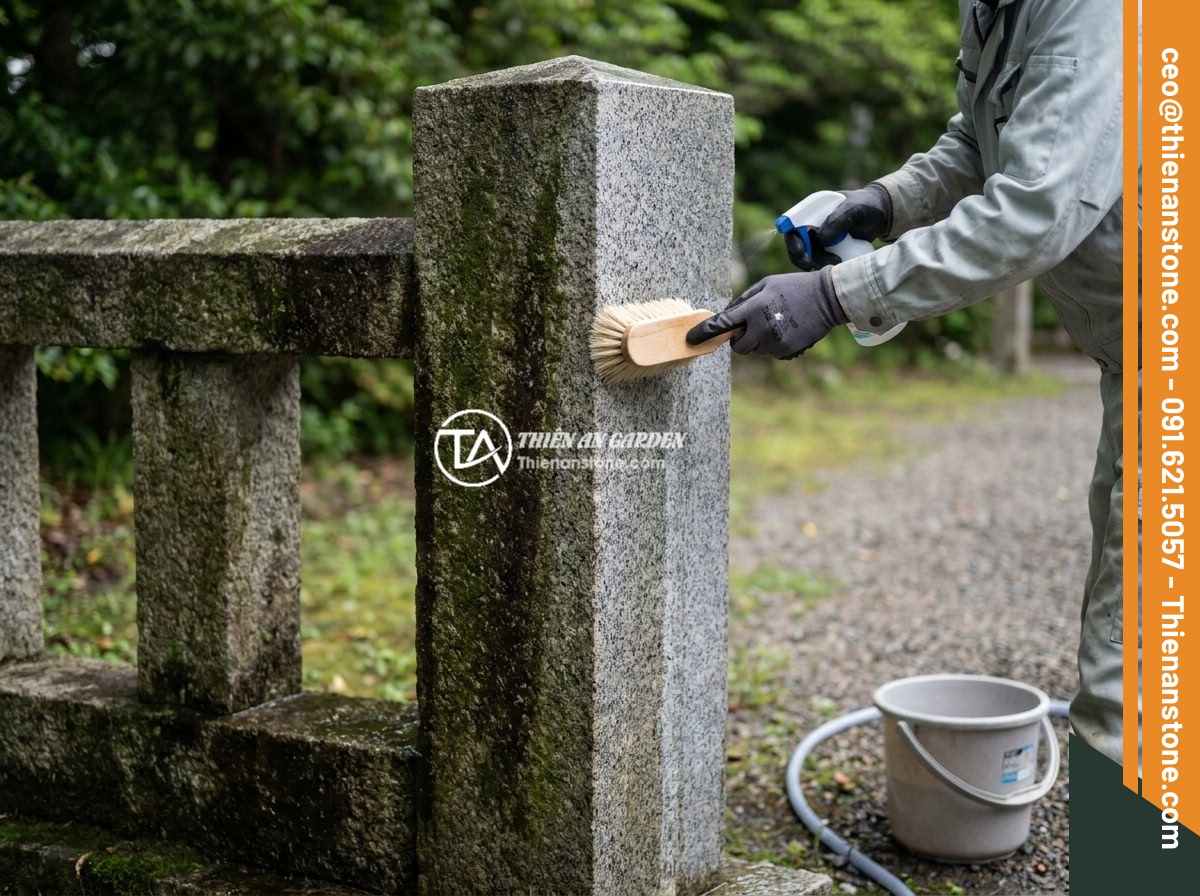 Mẫu Trụ Hàng Rào Đá Chẻ Tự Nhiên Đẹp Mắt Và Dễ Thi Công - Maintenance worker cleaning a natural split stone fence pillar with soft brush a