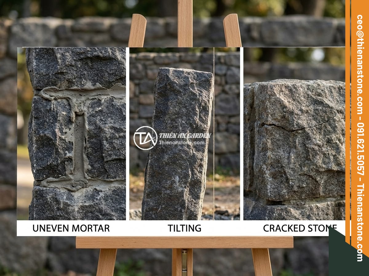 Mẫu Trụ Hàng Rào Đá Chẻ Tự Nhiên Đẹp Mắt Và Dễ Thi Công - Common mistakes in split stone fence pillar construction including uneven mortar
