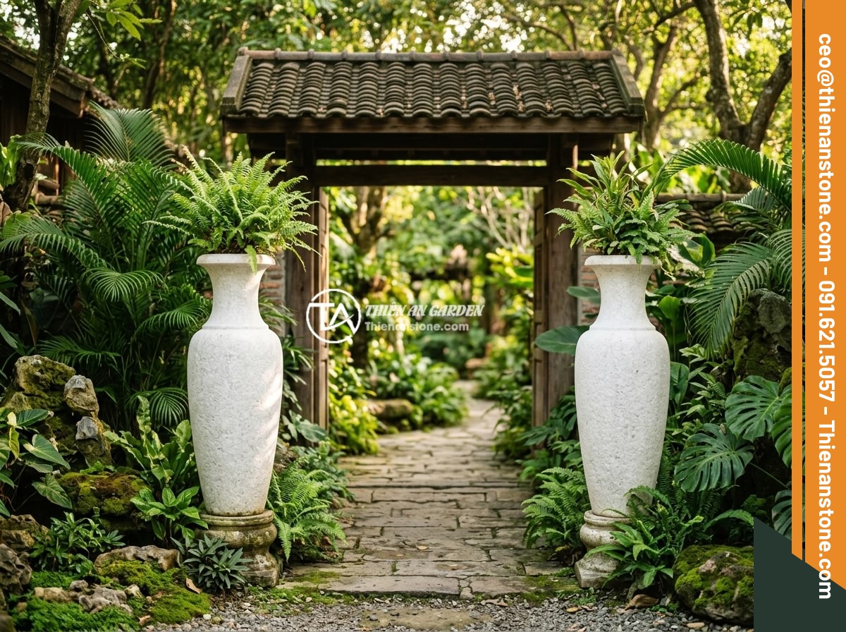 Mẹo Phối Hợp Màu Sắc Lục Bình Đá Với Cây Xanh, Đá Non Bộ Tạo Không Gian Harmonious - A pair of natural stone vases (luc binh da) placed symmetrically at the entrance