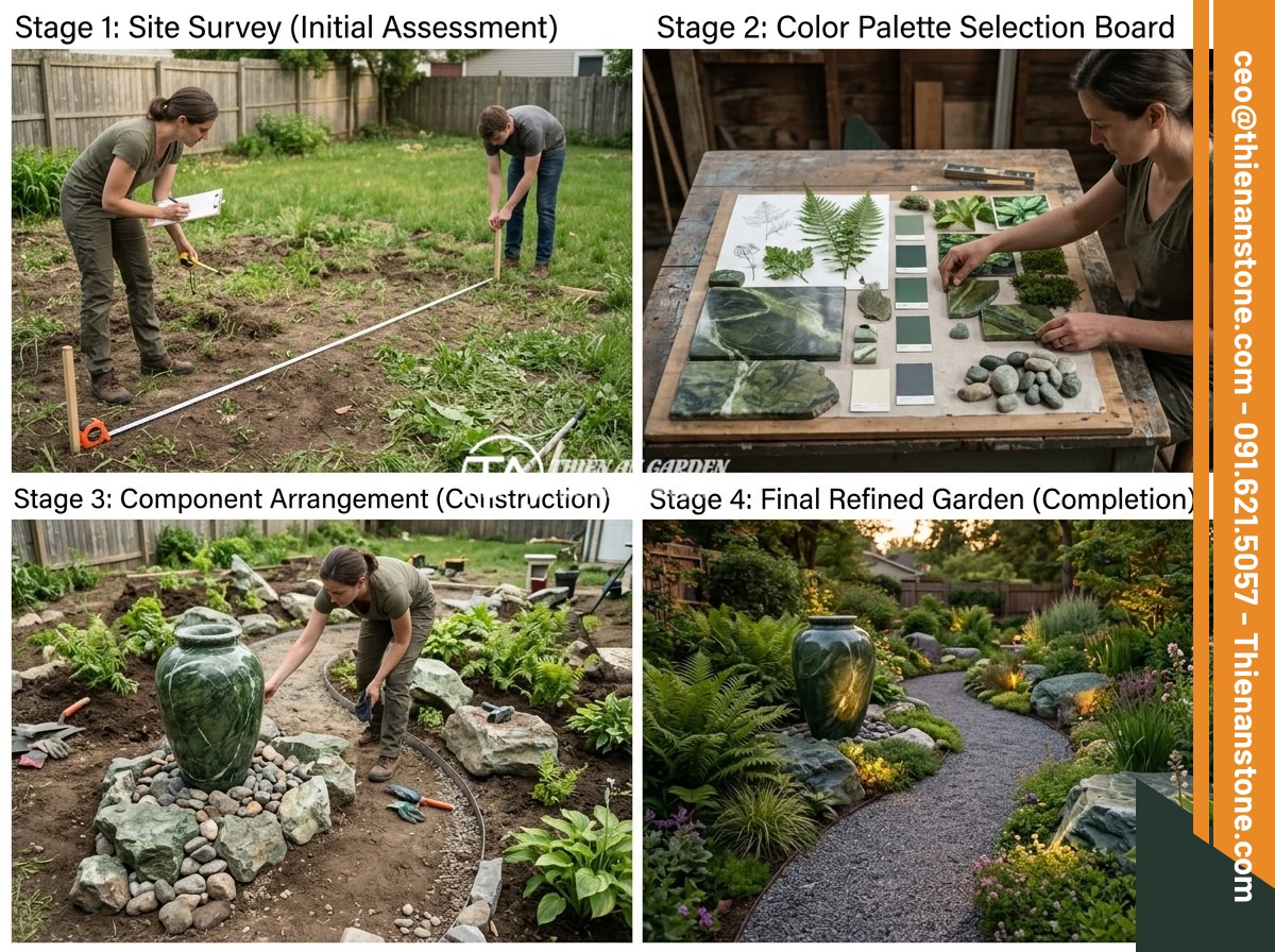 Mẹo Phối Hợp Màu Sắc Lục Bình Đá Với Cây Xanh, Đá Non Bộ Tạo Không Gian Harmonious - A step-by-step garden design process showing four stages: site survey with measu