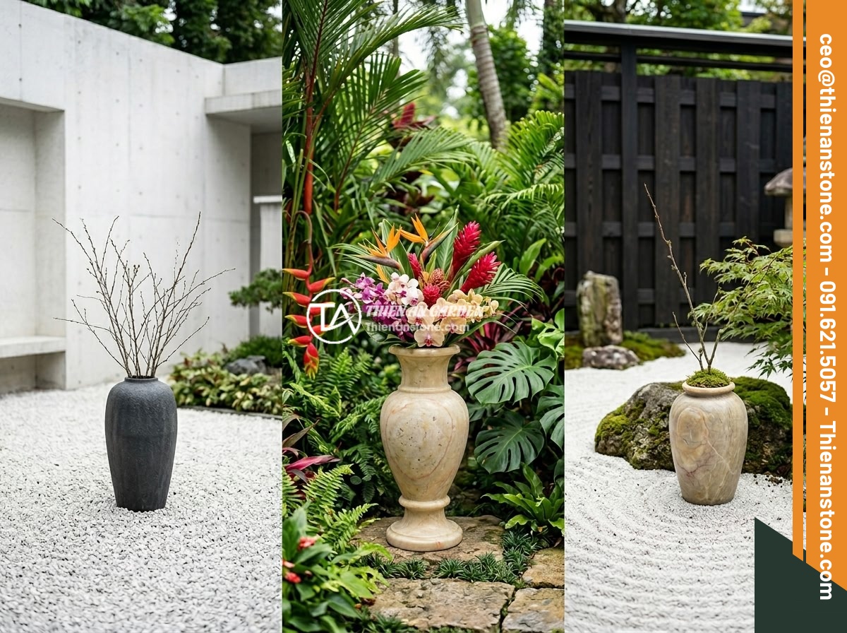 Mẹo Phối Hợp Màu Sắc Lục Bình Đá Với Cây Xanh, Đá Non Bộ Tạo Không Gian Harmonious - Three side-by-side garden scenes showcasing different design styles: a minimalis