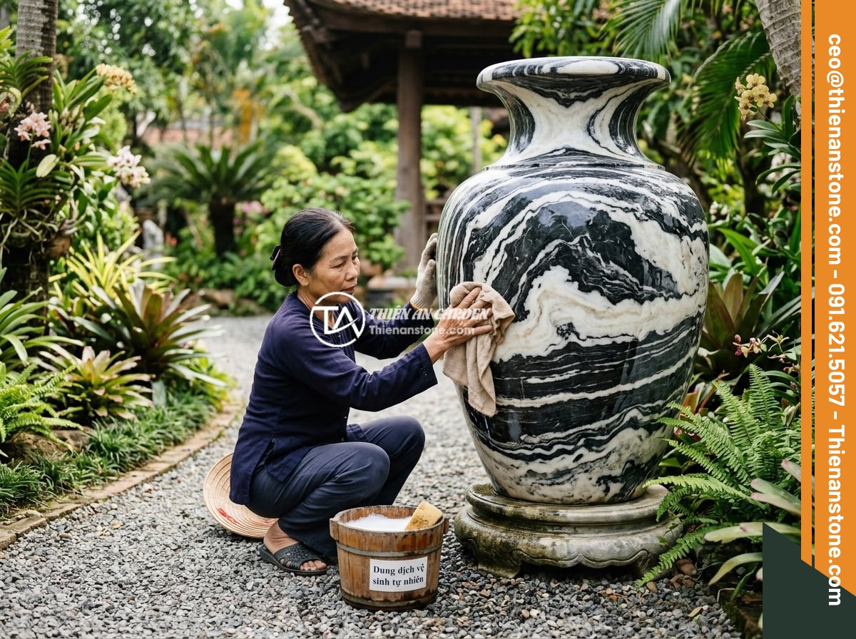 Mẹo Phối Hợp Màu Sắc Lục Bình Đá Với Cây Xanh, Đá Non Bộ Tạo Không Gian Harmonious - A gardener carefully cleaning and maintaining a large stone vase in a Vietnamese
