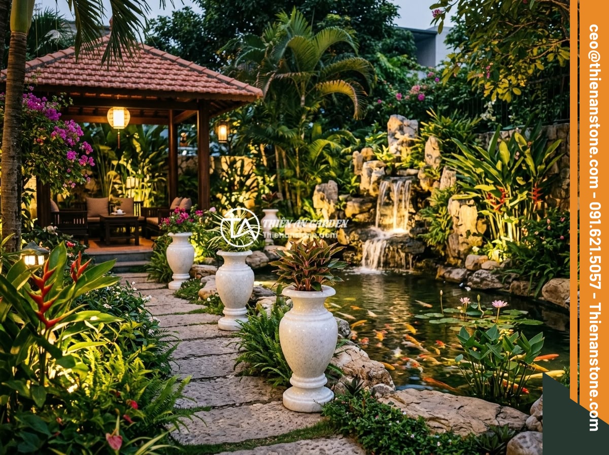 Mẹo Phối Hợp Màu Sắc Lục Bình Đá Với Cây Xanh, Đá Non Bộ Tạo Không Gian Harmonious - A stunning completed Vietnamese luxury garden project by Thien An Stone featurin