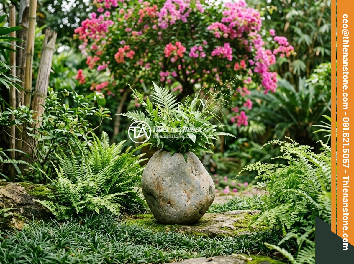 Mẹo Phối Hợp Màu Sắc Lục Bình Đá Với Cây Xanh, Đá Non Bộ Tạo Không Gian Harmonious - A beautifully arranged stone vase surrounded by various green plants including J