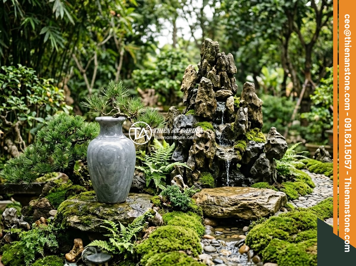 Mẹo Phối Hợp Màu Sắc Lục Bình Đá Với Cây Xanh, Đá Non Bộ Tạo Không Gian Harmonious - A detailed landscape composition showing a polished gray stone vase positioned n