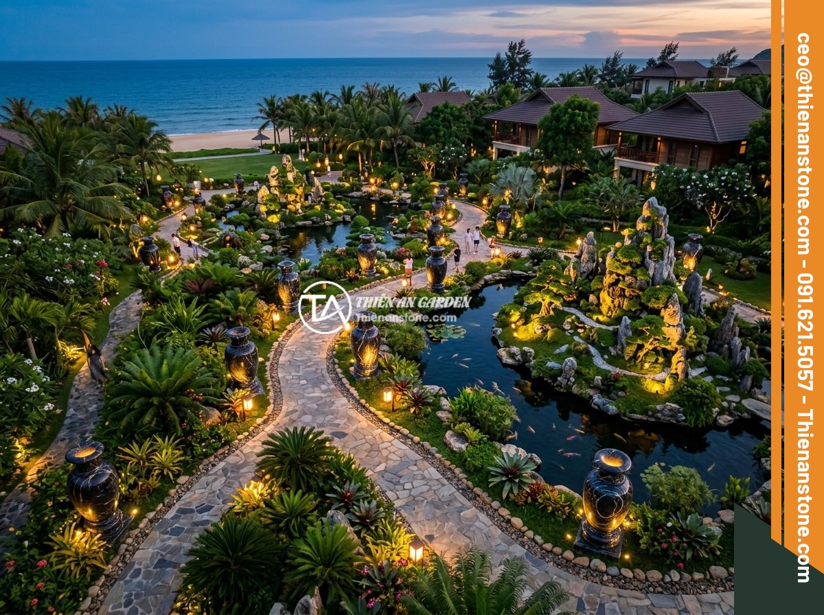 Mẹo Phối Hợp Màu Sắc Lục Bình Đá Với Cây Xanh, Đá Non Bộ Tạo Không Gian Harmonious - An aerial view of a luxury Vietnamese resort garden featuring multiple stone vas