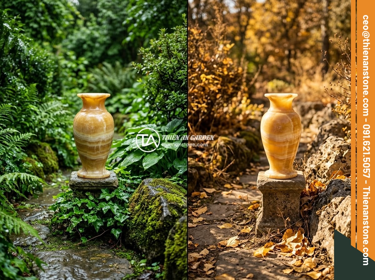 Mẹo Phối Hợp Màu Sắc Lục Bình Đá Với Cây Xanh, Đá Non Bộ Tạo Không Gian Harmonious - A split-image comparison showing the same stone vase and garden scene in two dif
