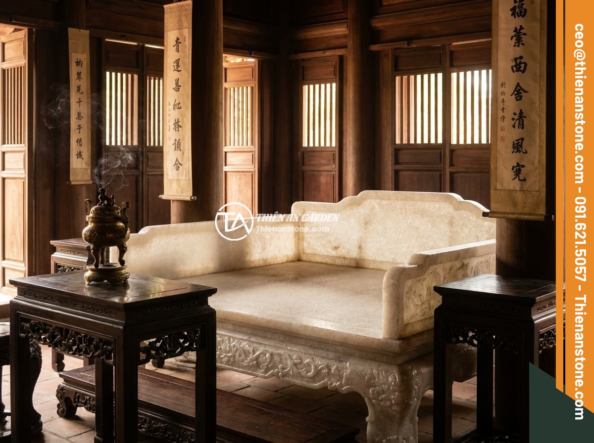 Mua Sập Đá Ở Đâu Uy Tín? 6 Tiêu Chí Chọn Nhà Cung Cấp Đá Tự Nhiên Cao Cấp - Hình 11 Mua Sập Đá Ở Đâu Uy Tín? 6 Tiêu Chí Chọn Nhà Cung Cấp Đá Tự Nhiên Cao Cấp - A traditional Vietnamese ancestral hall interior featuring a magnificent antique