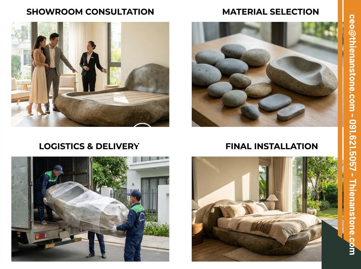 Mua Sập Đá Ở Đâu Uy Tín? 6 Tiêu Chí Chọn Nhà Cung Cấp Đá Tự Nhiên Cao Cấp - Hình 12 Mua Sập Đá Ở Đâu Uy Tín? 6 Tiêu Chí Chọn Nhà Cung Cấp Đá Tự Nhiên Cao Cấp - Step-by-step visual guide showing the complete process of purchasing a Vietnames