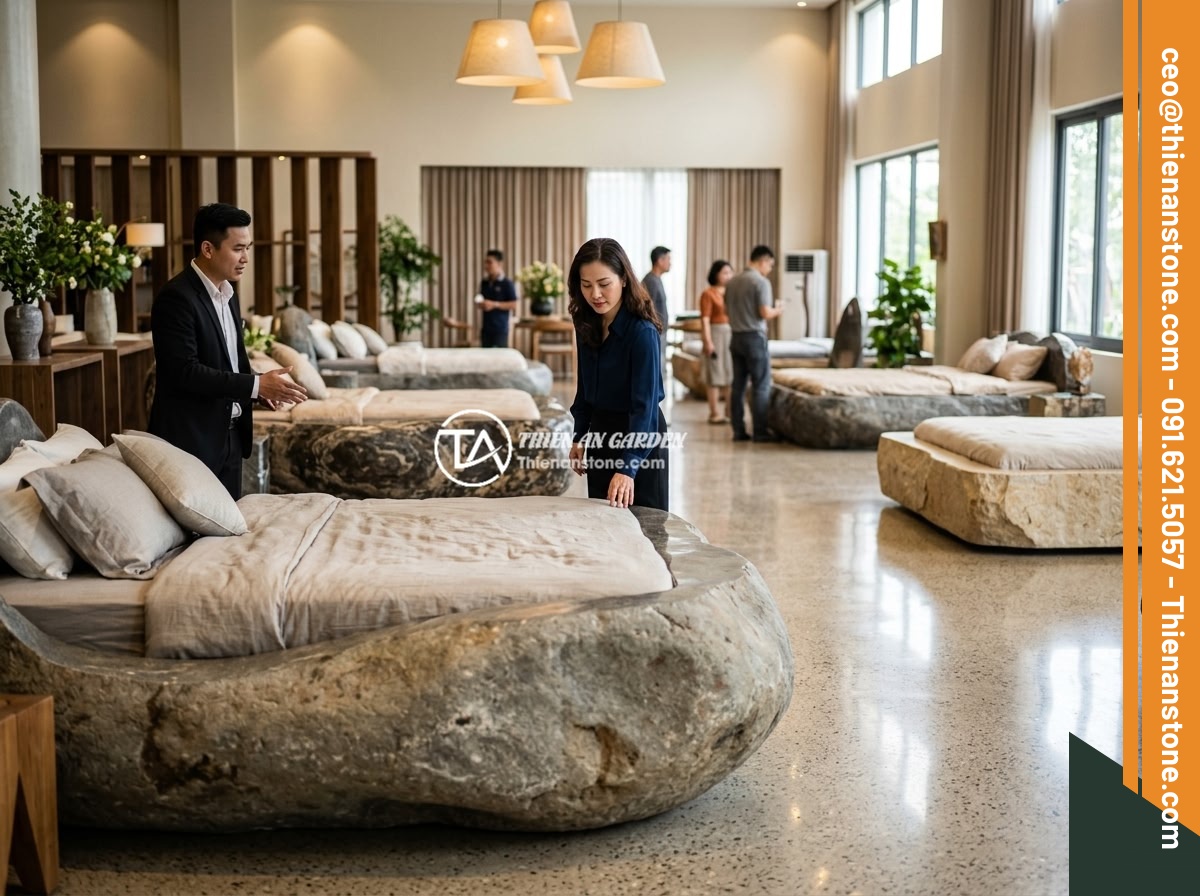 Mua Sập Đá Ở Đâu Uy Tín? 6 Tiêu Chí Chọn Nhà Cung Cấp Đá Tự Nhiên Cao Cấp - Hình 4 Mua Sập Đá Ở Đâu Uy Tín? 6 Tiêu Chí Chọn Nhà Cung Cấp Đá Tự Nhiên Cao Cấp - Elegant showroom displaying various types of Vietnamese natural stone beds with