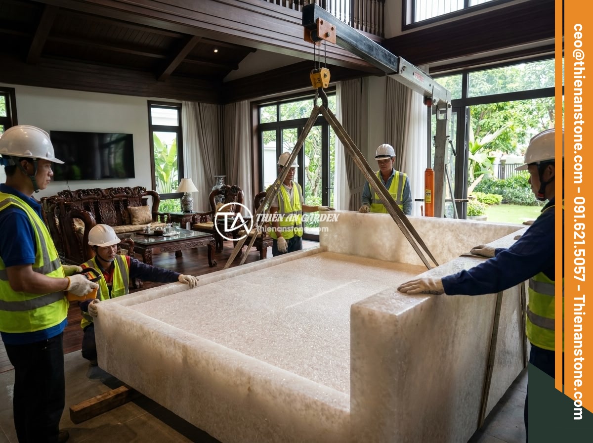Mua Sập Đá Ở Đâu Uy Tín? 6 Tiêu Chí Chọn Nhà Cung Cấp Đá Tự Nhiên Cao Cấp - Hình 7 Mua Sập Đá Ở Đâu Uy Tín? 6 Tiêu Chí Chọn Nhà Cung Cấp Đá Tự Nhiên Cao Cấp - Professional team installing a massive natural stone bed in a Vietnamese luxury