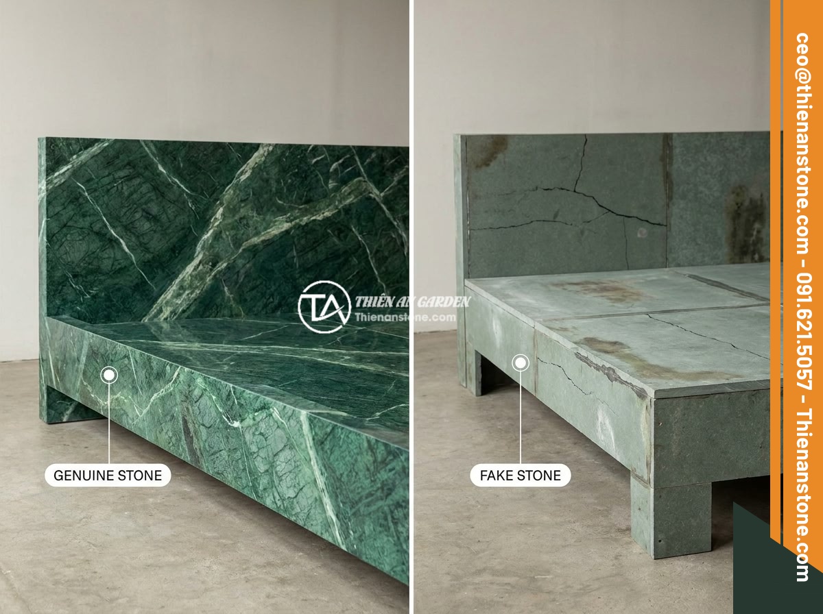 Mua Sập Đá Ở Đâu Uy Tín? 6 Tiêu Chí Chọn Nhà Cung Cấp Đá Tự Nhiên Cao Cấp - Hình 9 Mua Sập Đá Ở Đâu Uy Tín? 6 Tiêu Chí Chọn Nhà Cung Cấp Đá Tự Nhiên Cao Cấp - Comparison photo showing a genuine premium solid natural stone bed next to a poo