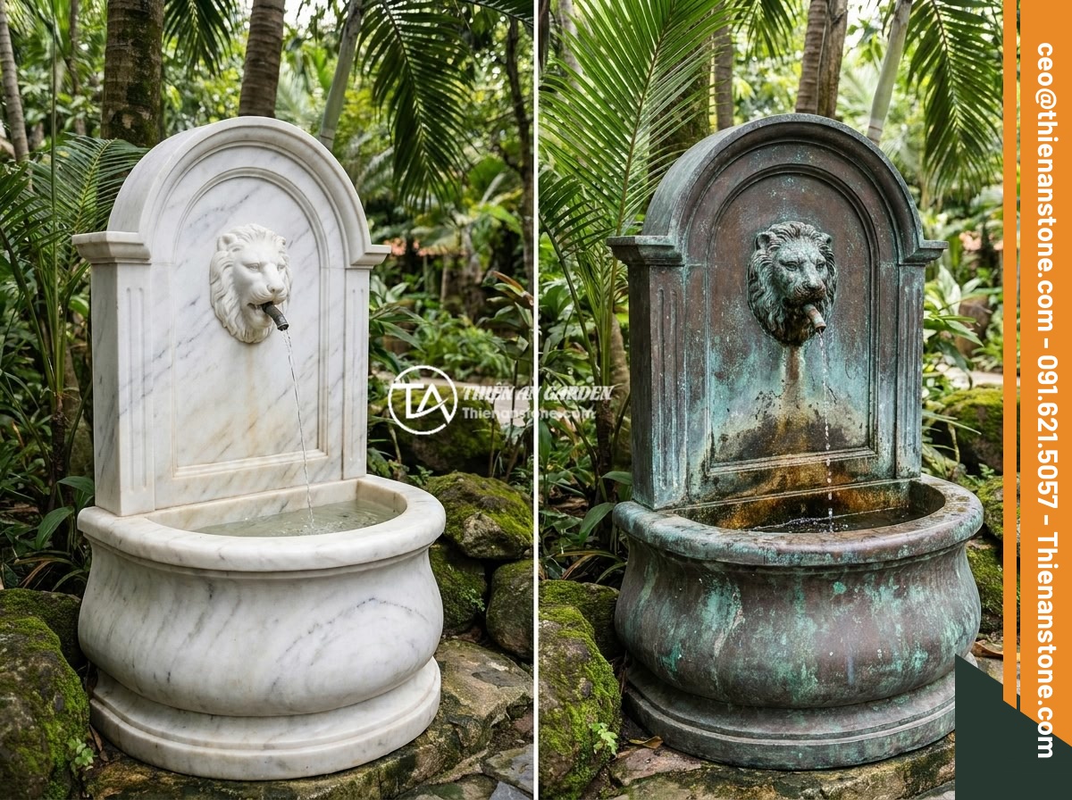 Nên Chọn Đài Phun Nước Bằng Đá Hay Bằng Đồng? So Sánh Chi Tiết Ưu Nhược Điểm - A comparison showing weathering effects on stone and bronze fountain materials i