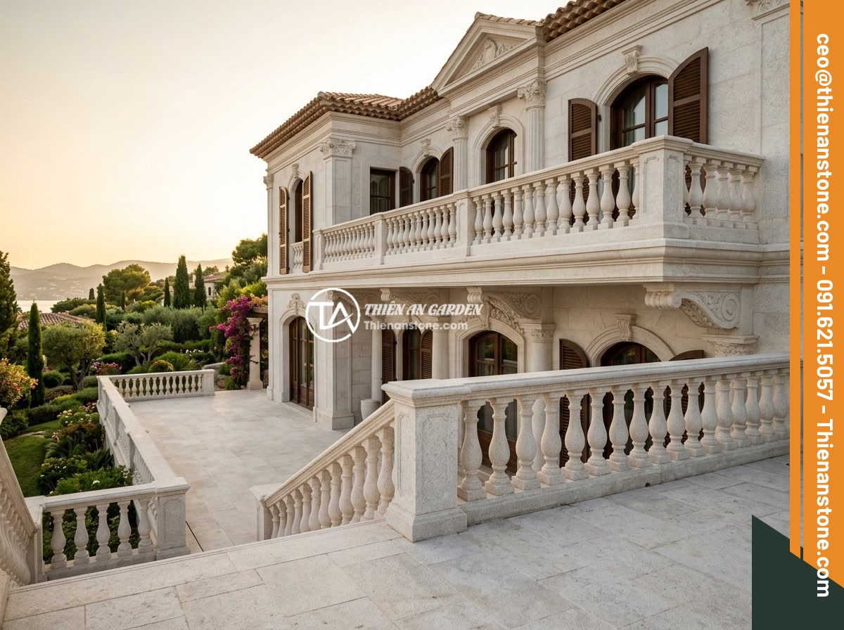 Nên Dùng Lục Bình Đá Hay Các Loại Lan Can Khác Cho Biệt Thự? So Sánh Ưu Nhược - Luxurious villa exterior with ornate stone balustrade railing on balcony and ter