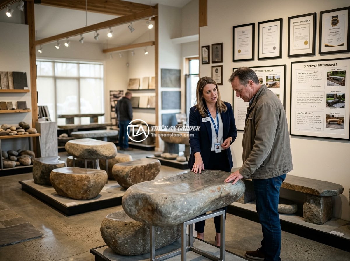 Phản Đá Nguyên Khối Tự Nhiên: Thiết Kế Giá Thành Lợi Ích Phong Thủy Sân Vườn - A professional stone dealer showroom interior with multiple monolithic stone ben