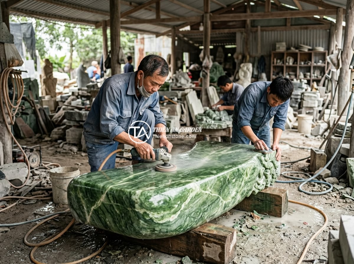 Phản Đá Nguyên Khối Tự Nhiên: Thiết Kế Giá Thành Lợi Ích Phong Thủy Sân Vườn - Skilled Vietnamese artisans carefully polishing and finishing a large monolithic