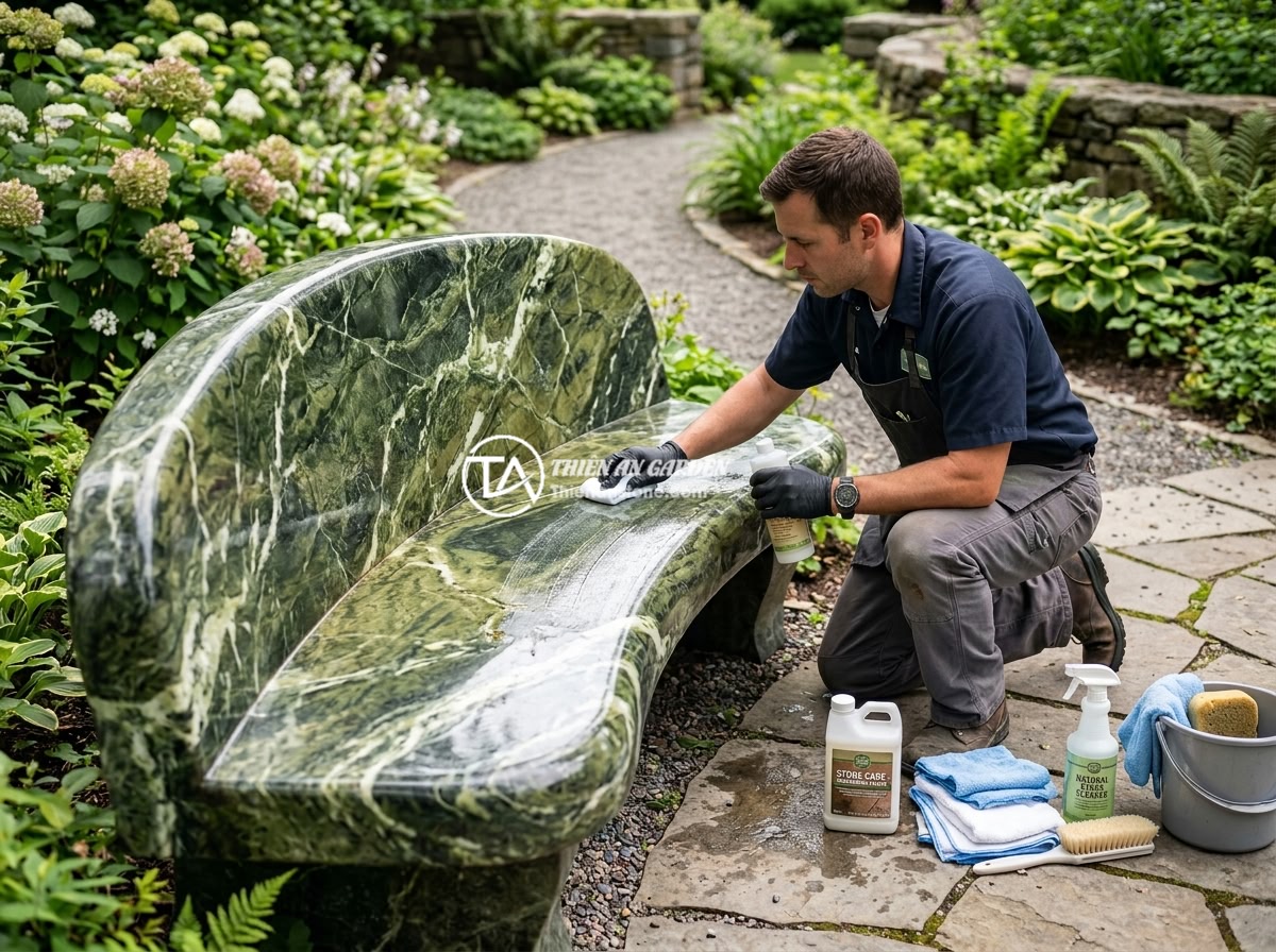 Phản Đá Nguyên Khối Tự Nhiên: Thiết Kế Giá Thành Lợi Ích Phong Thủy Sân Vườn - A maintenance professional carefully cleaning and applying protective sealant on