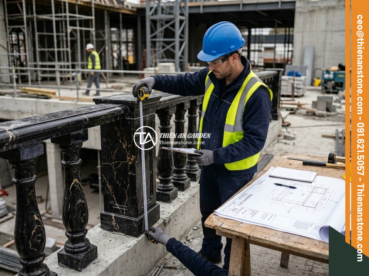 Quy Trình Thi Công Lan Can Lục Bình Đá Chuẩn – Checklist Từng Bước An Toàn, Thẩm Mỹ - Architect measuring stone balustrade dimensions at a construction site with meas
