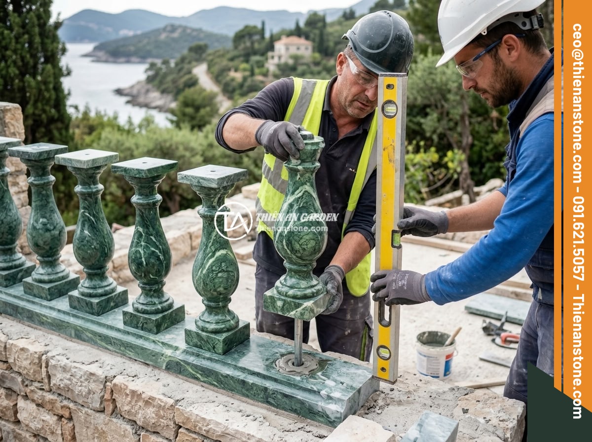 Quy Trình Thi Công Lan Can Lục Bình Đá Chuẩn – Checklist Từng Bước An Toàn, Thẩm Mỹ - Step-by-step stone balustrade installation process showing workers carefully pla