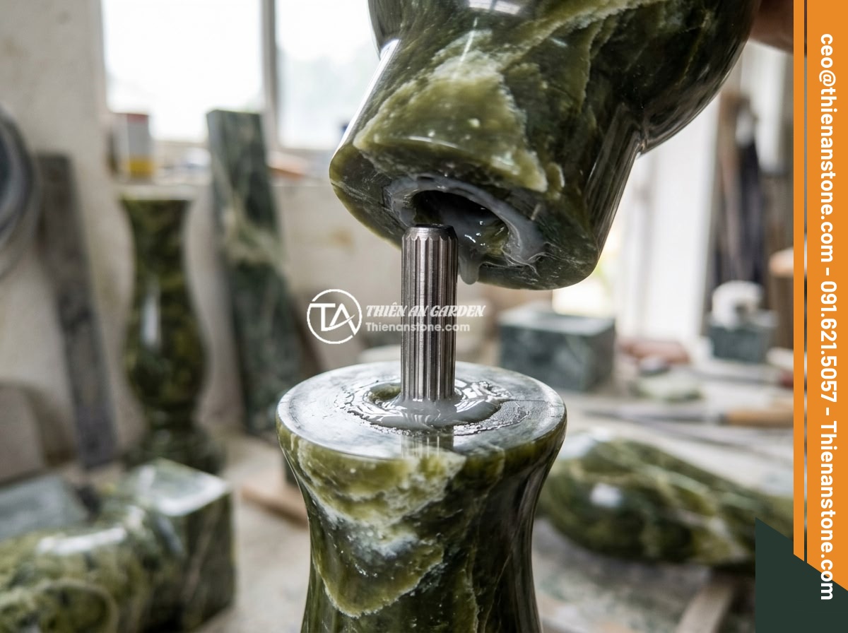 Quy Trình Thi Công Lan Can Lục Bình Đá Chuẩn – Checklist Từng Bước An Toàn, Thẩm Mỹ - Close-up detail of stainless steel dowel pins and epoxy adhesive being applied t