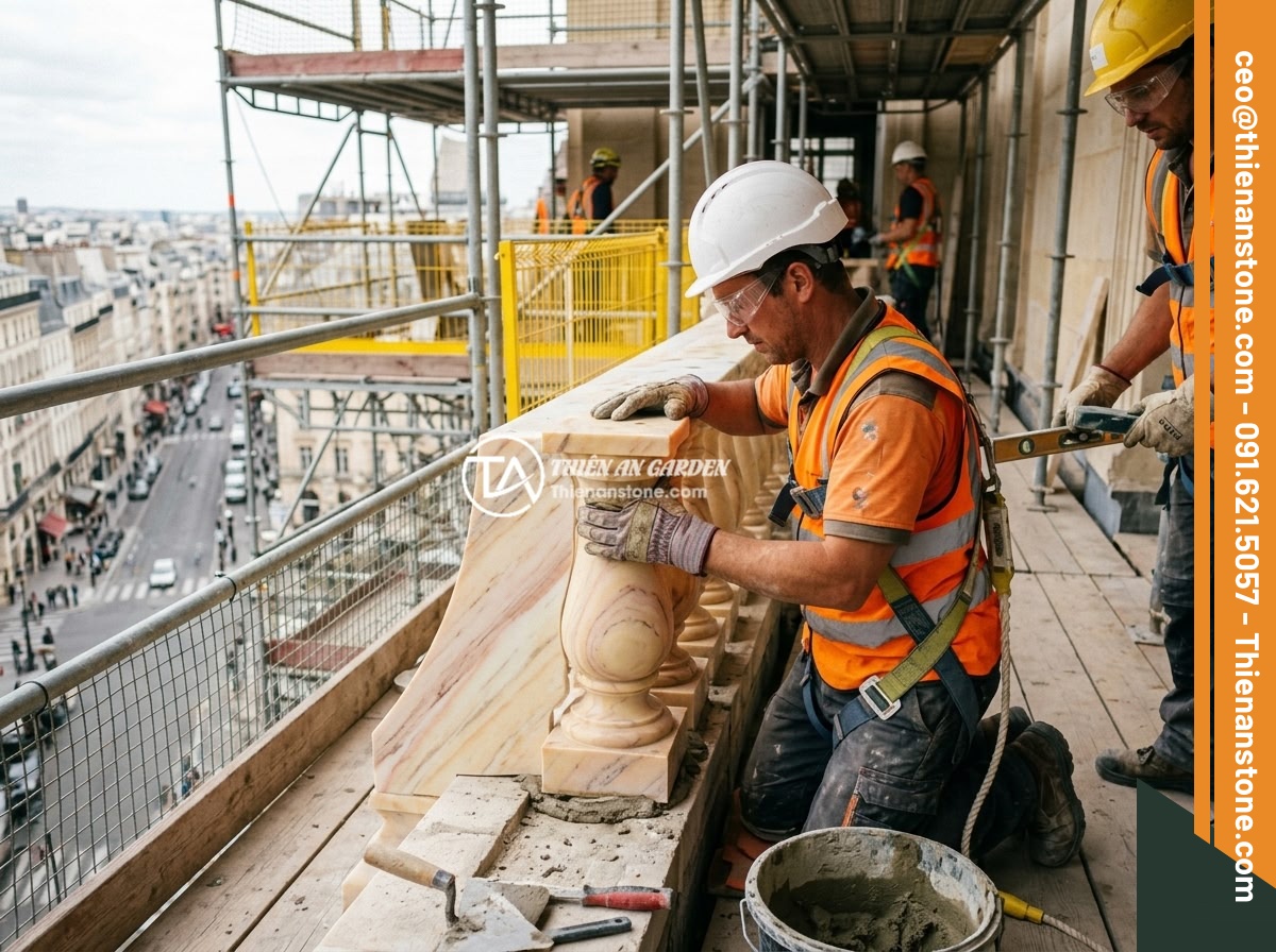 Quy Trình Thi Công Lan Can Lục Bình Đá Chuẩn – Checklist Từng Bước An Toàn, Thẩm Mỹ - Construction workers wearing full safety equipment including hard hats, safety g