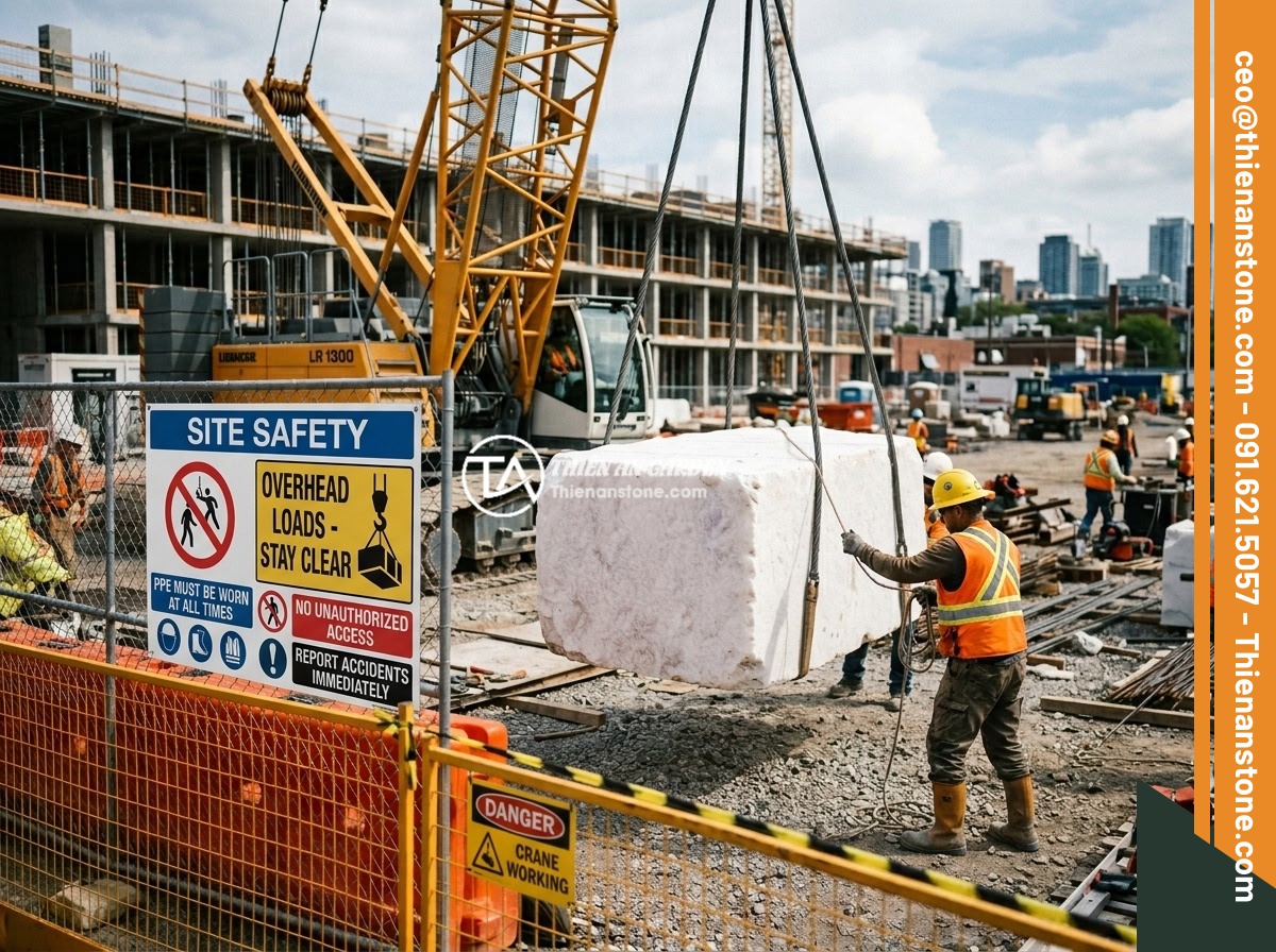 Quy Trình Thi Công Sập Đá Sân Vườn Từng Bước Chi Tiết An Toàn Thẩm Mỹ - Safety barriers and warning signs set up around a construction zone where a cran