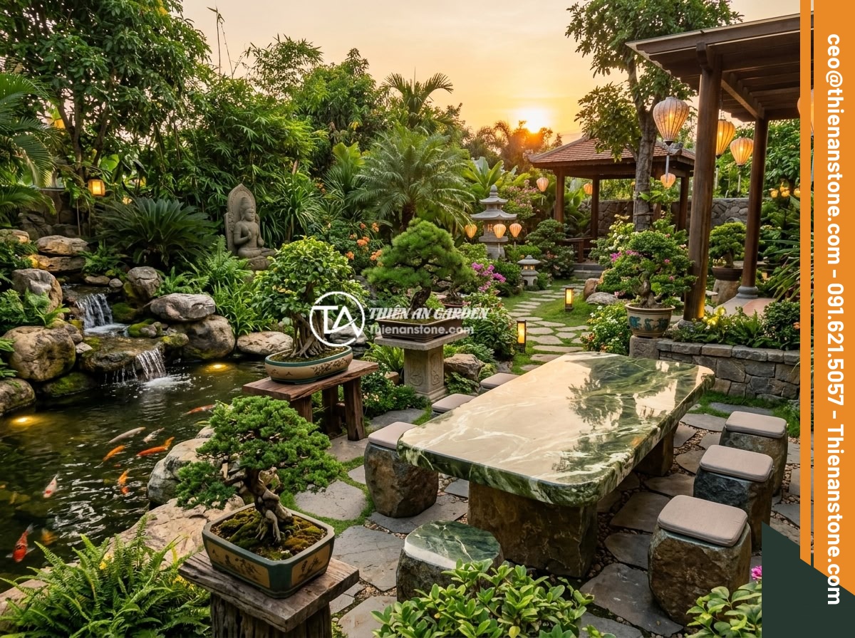 Quy Trình Thi Công Sập Đá Sân Vườn Từng Bước Chi Tiết An Toàn Thẩm Mỹ - Stunning completed luxury Vietnamese garden featuring a magnificent natural ston