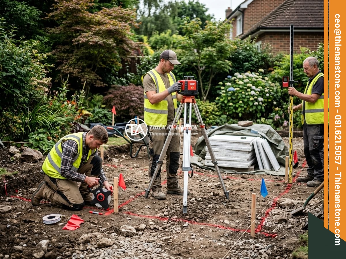 Quy Trình Thi Công Sập Đá Sân Vườn Từng Bước Chi Tiết An Toàn Thẩm Mỹ - Construction team surveying and measuring garden ground level with laser levelin